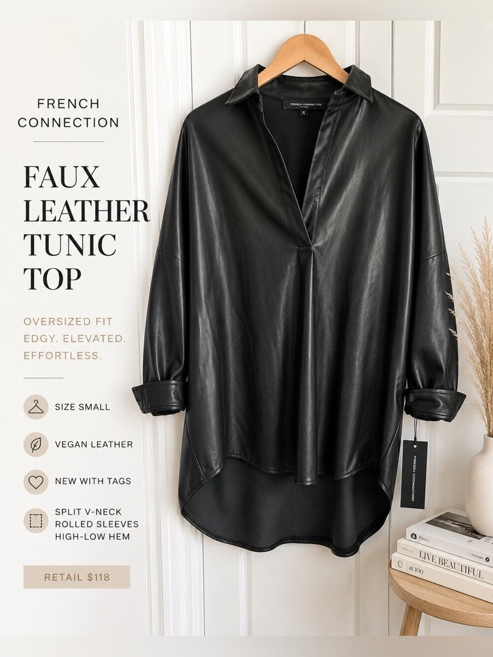 French Connection Faux Leather Oversized Tunic Top Black Size S NWT Faux Leather